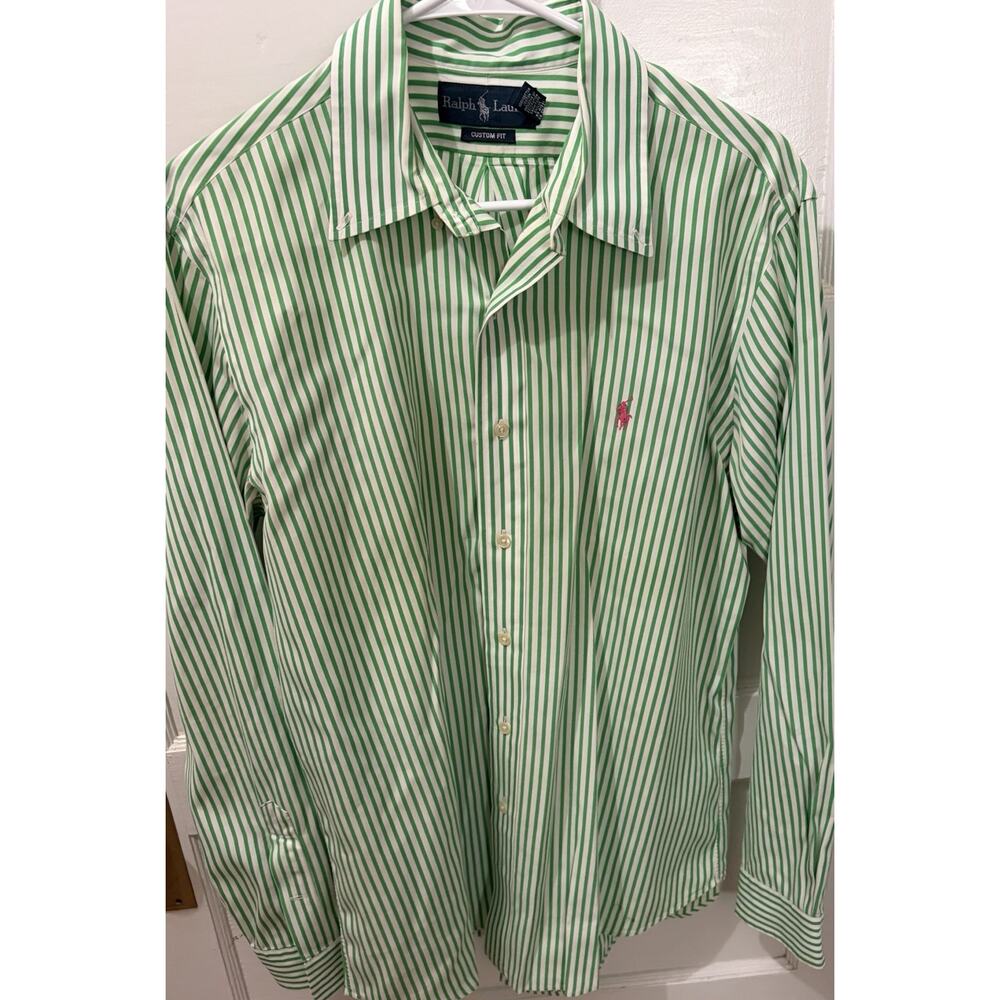 Polo Ralph Lauren Mens Button Down Shirt Custom Large Green Striped Long Sleeve